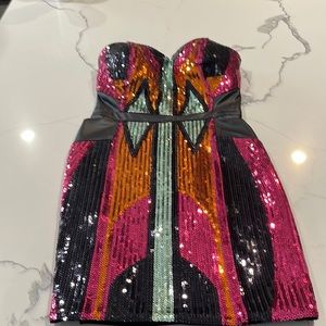 2B Bebe Pink Orange Black Silver Sequins Mini Strapless Dress